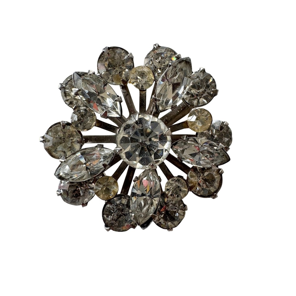 Vintage 1950s Diamante Rhinestone Pinwheel Brooch Rhodium Plated Silver Tone Pin
